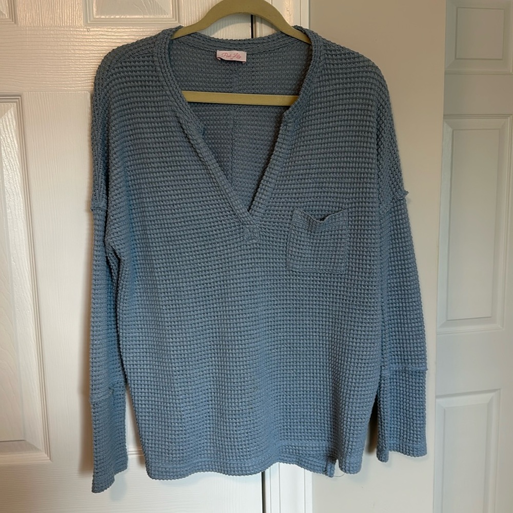 Pink Lily Slate Blue Waffle Knit V Neck Slouchy Sweater Size M
